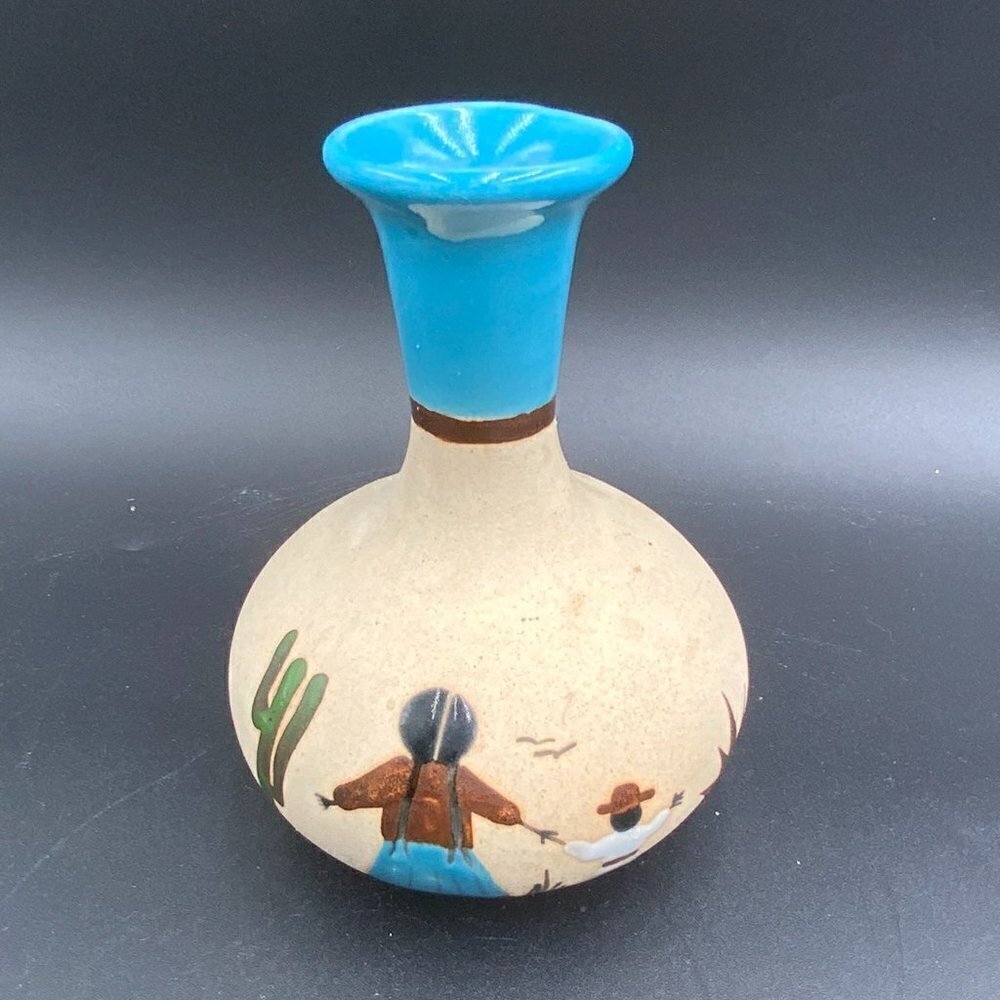 Tonala Mexican Pottery Vase Hand Painted Mother & Child Saguaro Cactus 6" Tall
